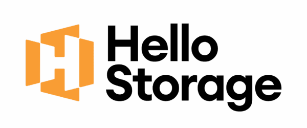 The image displays the "Hello Storage" logo with black text and a geometric orange "H" symbol on a brown background.