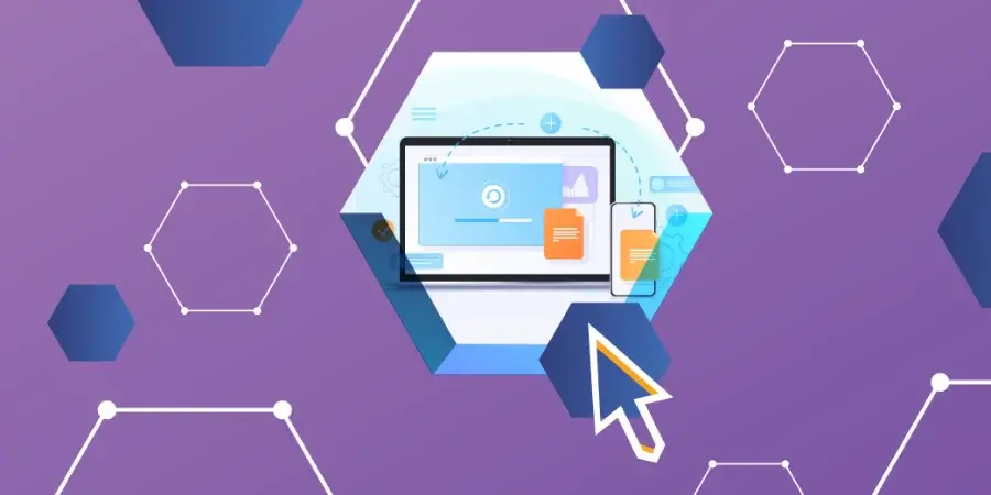 Illustration of a computer screen and smartphone surrounded by hexagons and network lines on a purple background, symbolizing digital connectivity.