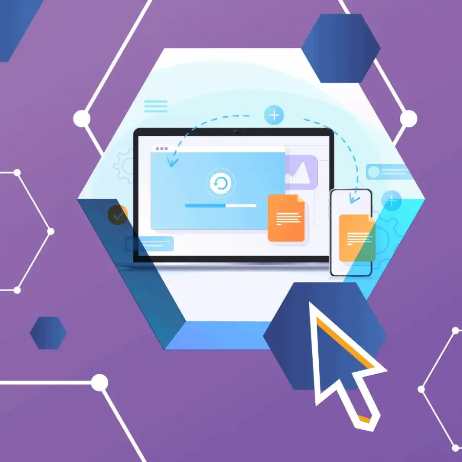 Illustration of a laptop and smartphone with file transfer icons, surrounded by hexagonal shapes and a large mouse cursor on a purple background.