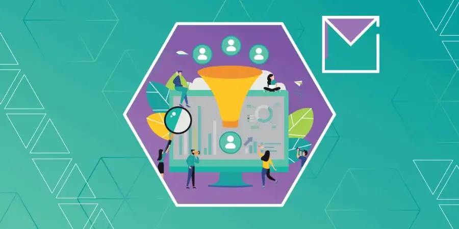 Illustration of people analyzing data on a computer screen with a funnel and user icons, symbolizing digital marketing or lead generation.