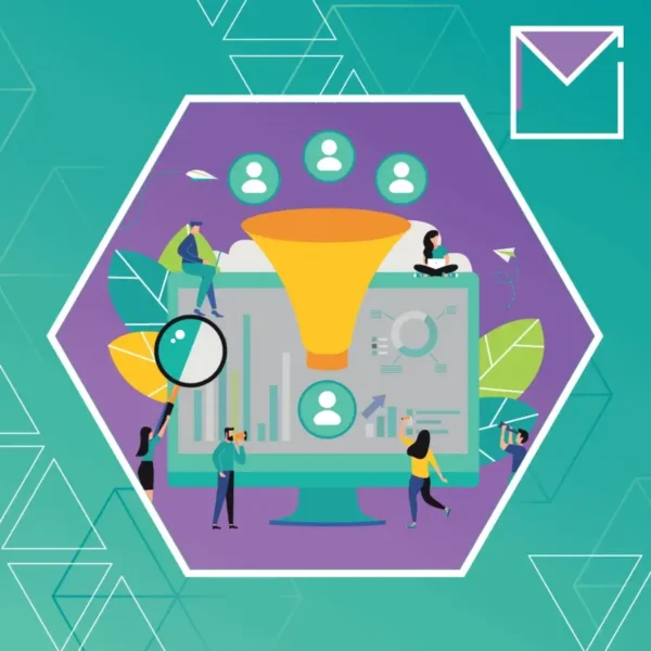 Illustration of people around a computer screen with analytics, a magnifying glass, and a funnel icon depicting data filtering or digital marketing analysis.