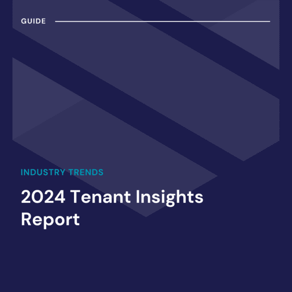 Cover of "2024 Tenant Insights Report" guide titled "Industry Trends" with a dark blue geometric design background.