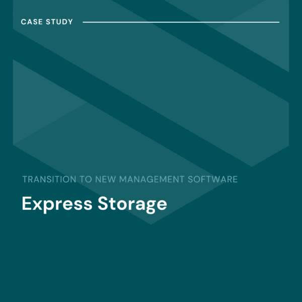 Teal background with diagonal stripes, text reading "Case Study: Transition to New Management Software - Express Storage.