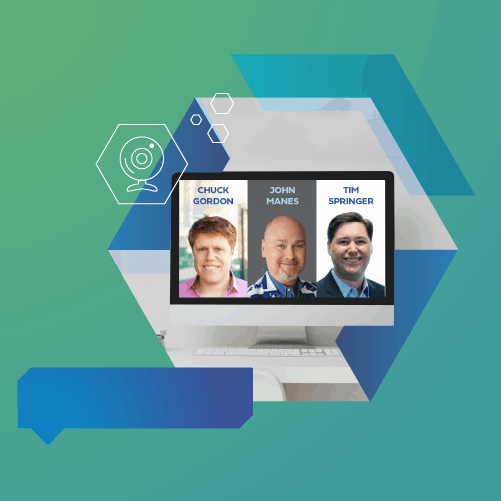Hexagonal graphic with portraits of three men labeled Chuck Gordon, John Manes, and Tim Springer on a computer screen against a green and blue gradient background.