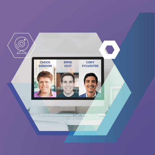 A computer screen displays a video call with three people. Labels above the video frames read Chuck Gordon, Eppie Vojt, and Cory Sylvester. The background is purple with geometric shapes.