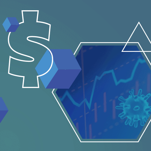 Blue and green graphic showing a dollar sign, cubes, hexagons, and a virus symbol with a line graph in the background.