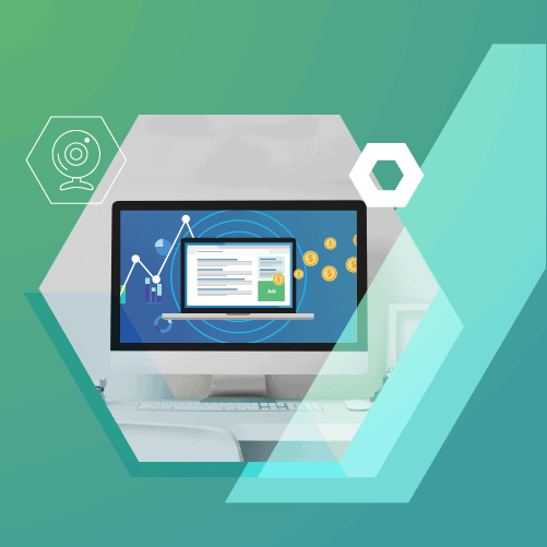 Computer screen displaying digital marketing analytics with graphs and coins, overlaid with hexagonal patterns and abstract tech icons in the background.