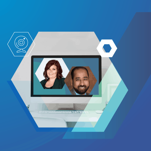 Digital collage of two people in hexagonal frames on a computer screen, set against a blue background with abstract geometric shapes.