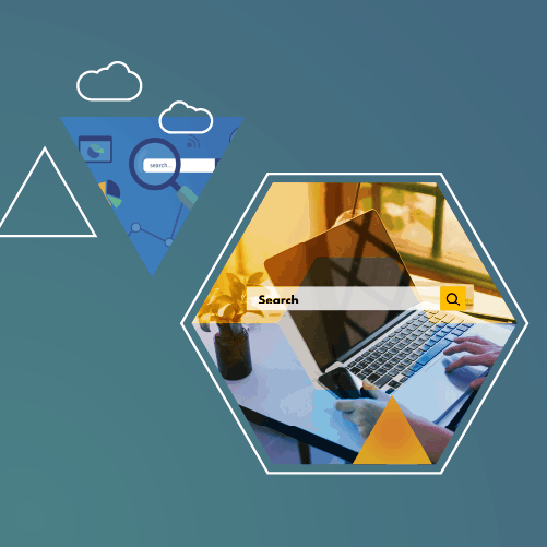 A hexagonal photo shows a person typing on a laptop with a magnifying glass icon labeled "Search" overlay. Triangular shapes depict clouds and tech imagery.