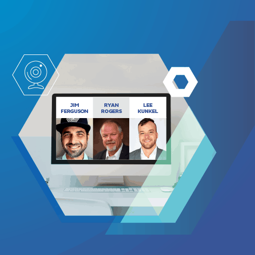 A computer screen displays three men's photos labeled Jim Ferguson, Ryan Rogers, and Lee Kunkel against a blue geometric background with webcam and hexagon icons.