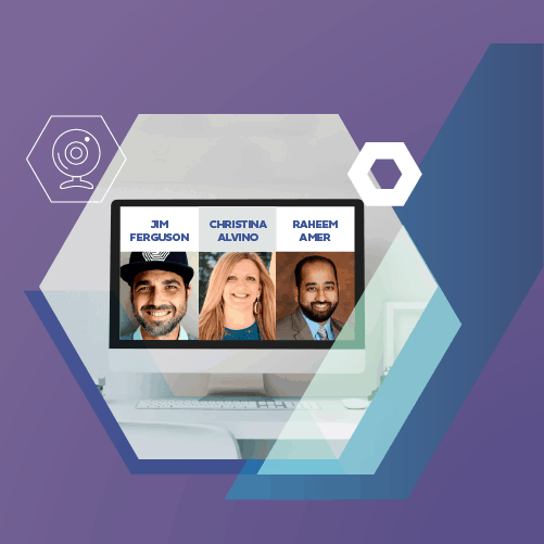 Computer screen displaying three diverse portraits labeled Jim Ferguson, Christina Alvino, and Raheem Amer against a purple background with geometric shapes.