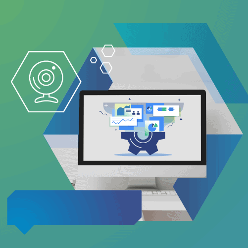 Illustration of a computer monitor displaying charts and graphs, surrounded by abstract geometric shapes and a webcam icon on a green and blue background.