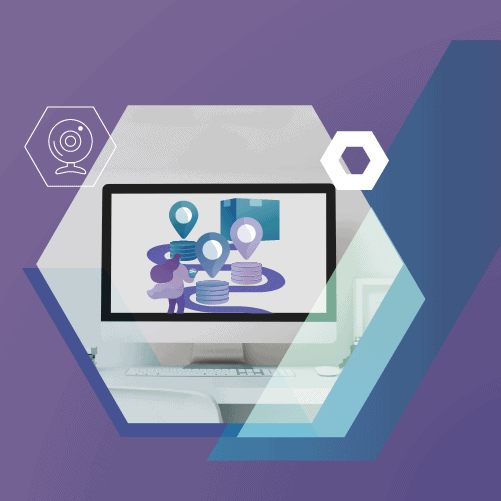 Illustration of a person interacting with a computer screen displaying location markers and discs. The scene is framed by overlapping hexagonal shapes on a purple background.