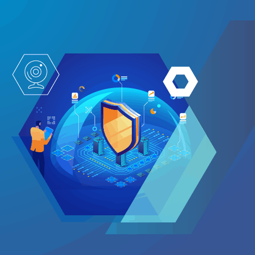 Illustration of cybersecurity concept with a shield and network symbols on a blue background. A person operates a digital interface, and icons representing technology surround the scene.