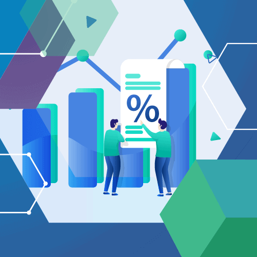 Two people stand by large blue and green bar graphs, analyzing a document with a percentage symbol. Geometric shapes are layered in the background.