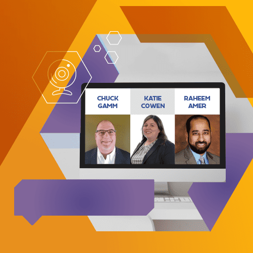 A computer screen displaying headshots of three people labeled Chuck Gamm, Katie Cowen, and Raheem Amer against a geometric orange and purple background.