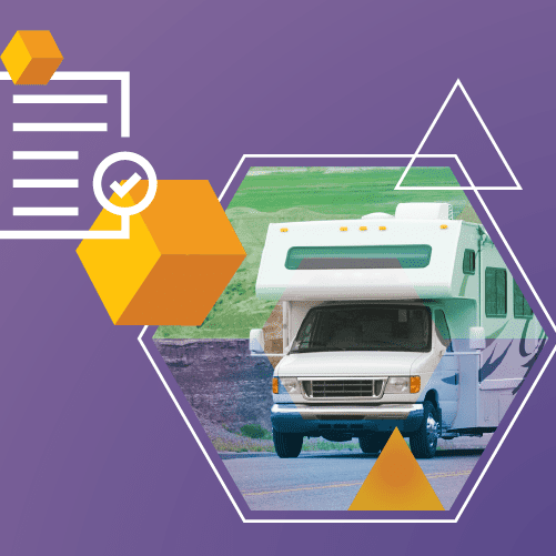 Illustration of a motorhome on a road in a hexagon frame, with geometric shapes and a checklist on a purple background.