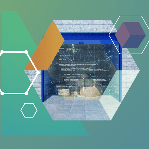Hexagonal design overlaying a code-filled screen, with geometric shapes and a gradient green-blue background.