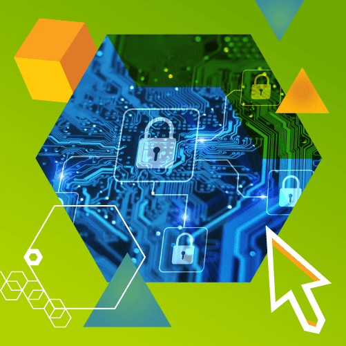 A hexagonal digital circuit board with padlock icons and a cursor, on a green background with geometric shapes.