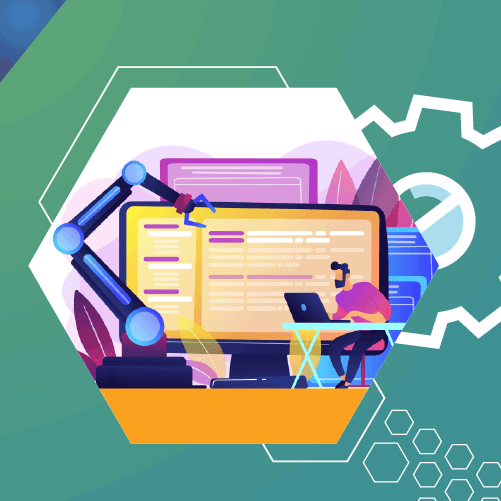 Illustration of a person at a desk with a laptop, next to a robotic arm, large computer screen, and a cogwheel symbol, suggesting technology and automation themes.