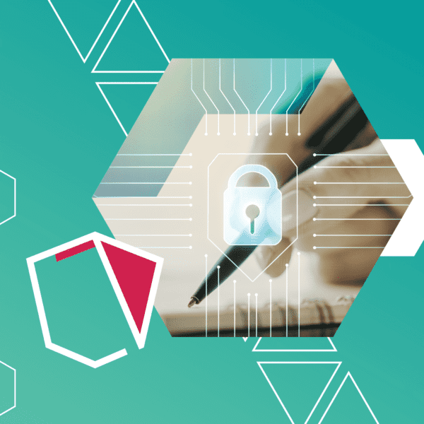 A person writes on paper with a pen. A digital lock icon overlays the image, symbolizing secure writing or data protection. Geometric designs frame the composition.