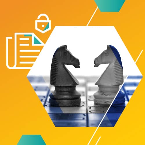 Two knight chess pieces facing each other on a blue board, with document and padlock icons on an orange hexagonal background.