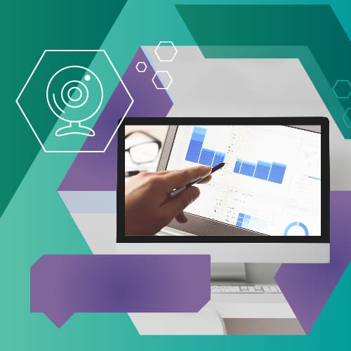 A person points at a bar chart on a computer screen, set against a colorful geometric background with a webcam icon.