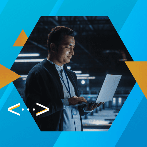 A person stands in a dimly lit room, using a laptop. They are framed by a geometric design with blue and orange accents.