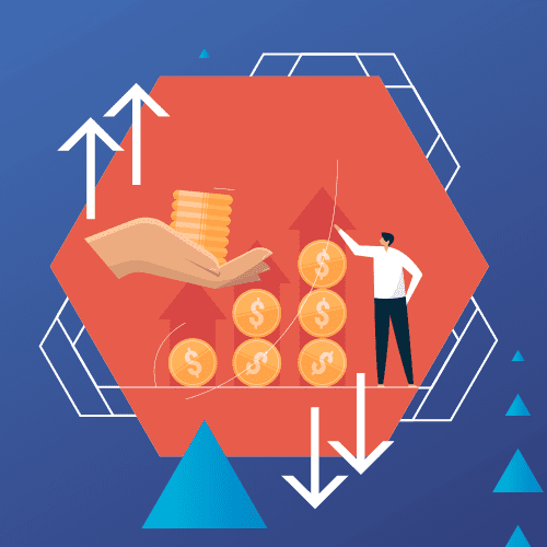 Illustration of a person pointing at upward arrows and stacked coins, with a hand offering coins. Background features geometric shapes and additional arrows indicating movement.