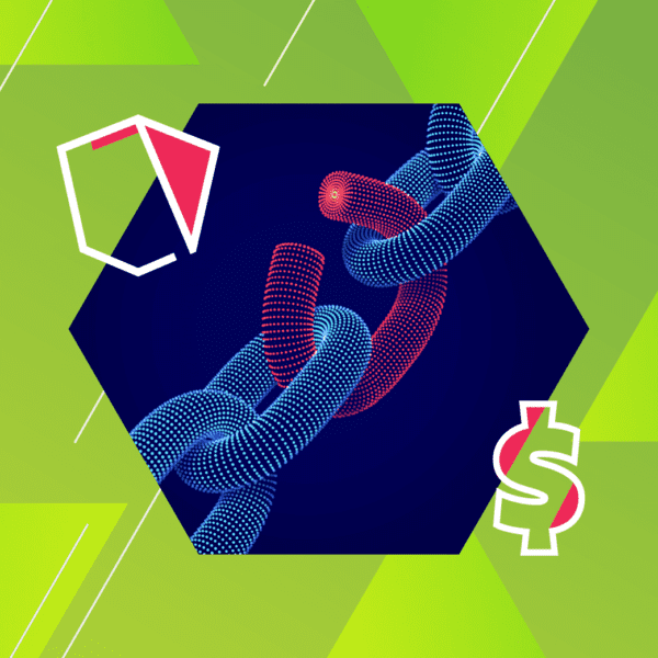 An abstract illustration of a digital chain linked together, surrounded by a dollar symbol and geometric shapes on a green background.