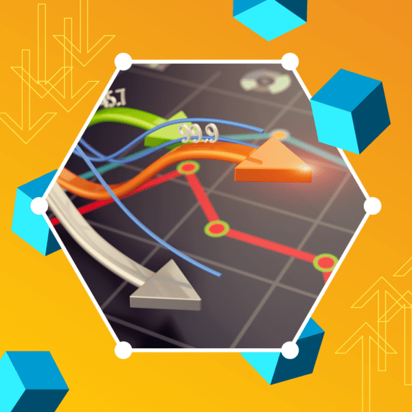 Hexagonal image with colorful arrows and lines on a chart, depicting data trends. Floating cubes and arrows in the background against an orange gradient.