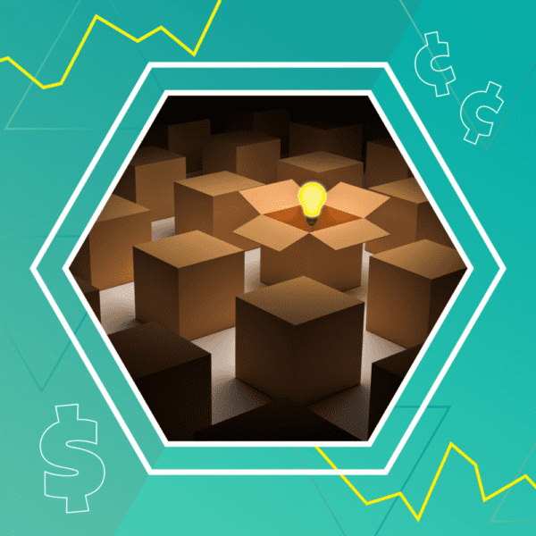 A lit bulb in an open box stands out among closed boxes, framed by a hexagon. Background features dollar signs and line graphs on a green gradient.