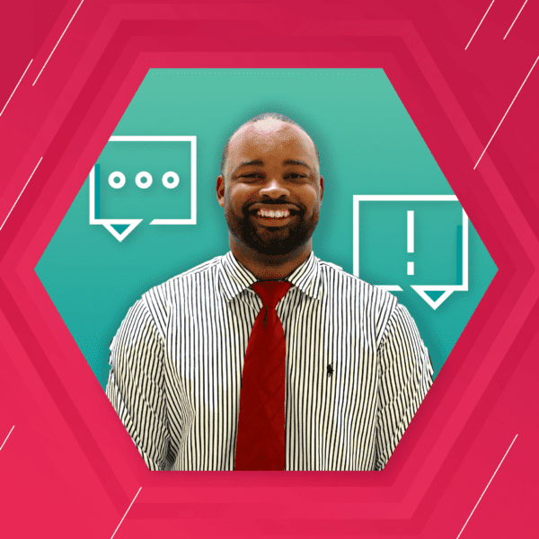 Smiling man in a striped shirt and red tie inside a hexagonal frame with speech bubble icons on a turquoise background.