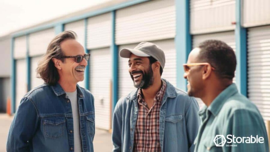 Three men standing outside, smiling and talking near storage units. Two wear denim jackets, one wears a green jacket, and one wears a cap.
