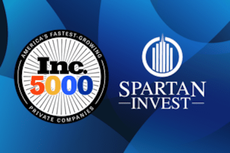 Logos for Inc. 5000 and Spartan Invest on a blue geometric background.