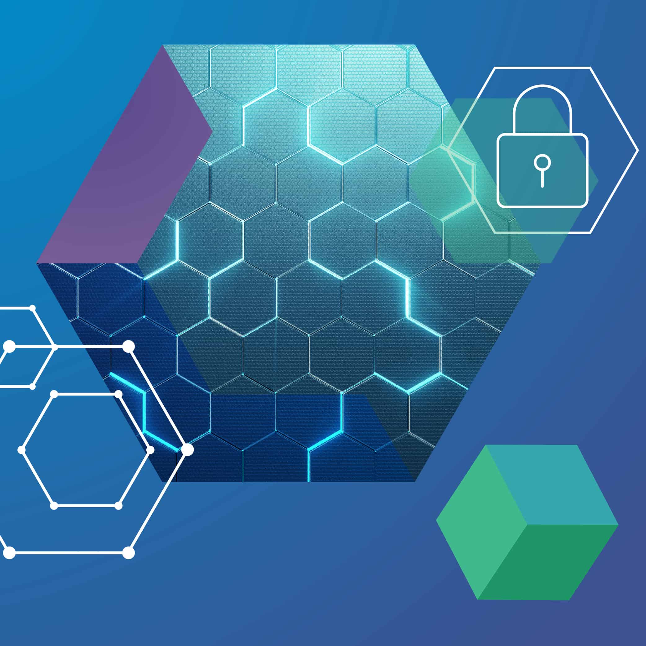Hexagonal and cube shapes with a glowing network design on a blue background, featuring lock icons.