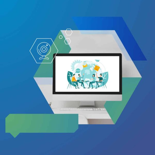 Illustration on a computer screen showing people seated around a table with digital icons, set against a geometric blue and green background.