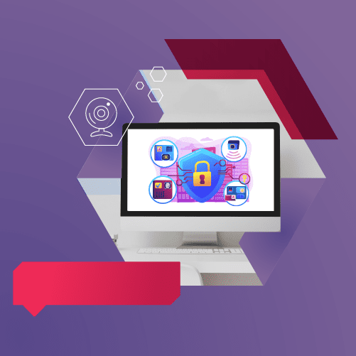 A computer screen displays cybersecurity icons including a lock and shield, surrounded by hexagonal graphics on a purple and red background.