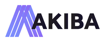 A stylized purple "A" graphic appears to the left of the black text "AKIBA" on a white background.