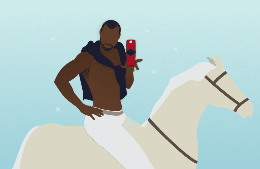 Illustration of a man on a horse holding a red deodorant stick. The man is shirtless with a dark scarf, wearing white pants, against a light blue background with small white stars.