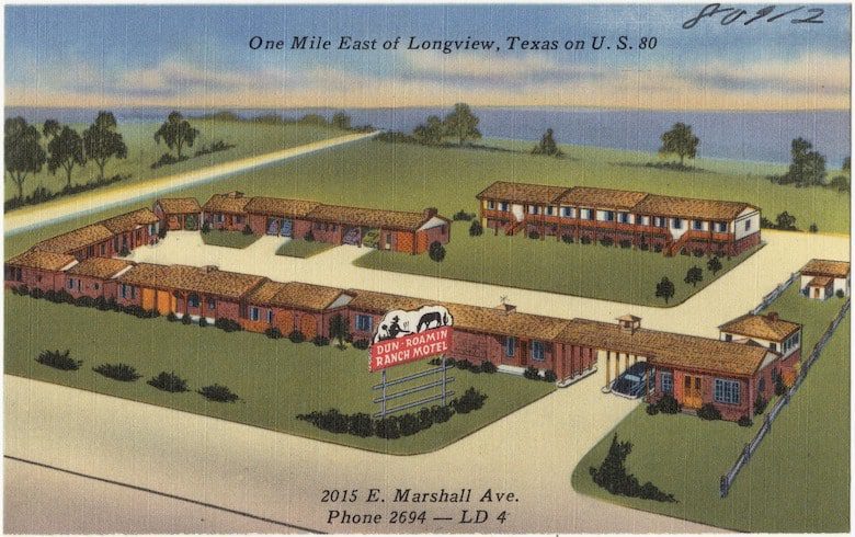 Illustration of Don Roam'in Ranch Motel, located at 2015 E. Marshall Ave, Longview, Texas, near U.S. 80. The scene displays the motel's layout and surrounding landscape.