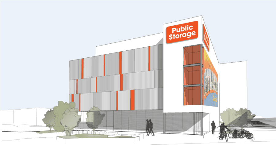 Illustration of a modern multi-story Public Storage facility with orange accents, trees, bicycles, and silhouettes of people outside.