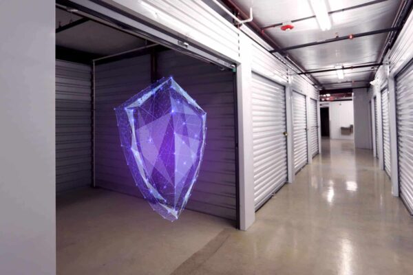 A digital hologram of a shield floats in front of a row of closed storage unit doors in a dimly lit hallway.