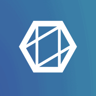 White geometric hexagonal shape with intersecting lines on a blue gradient background.