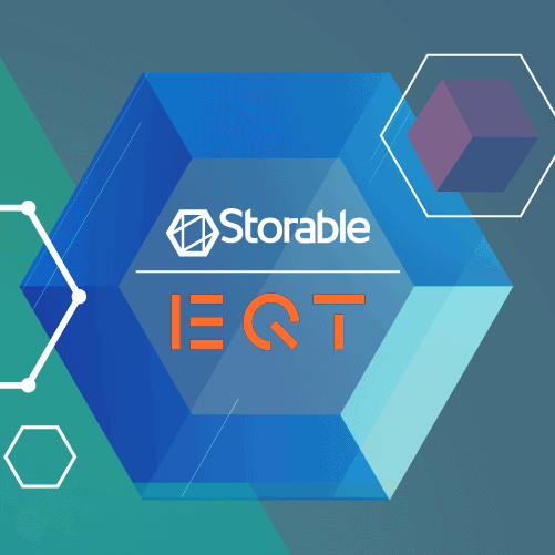 Geometric graphic featuring a blue hexagon with the logos "Storable" and "EQT," surrounded by smaller hexagons and a cube on a gray background.