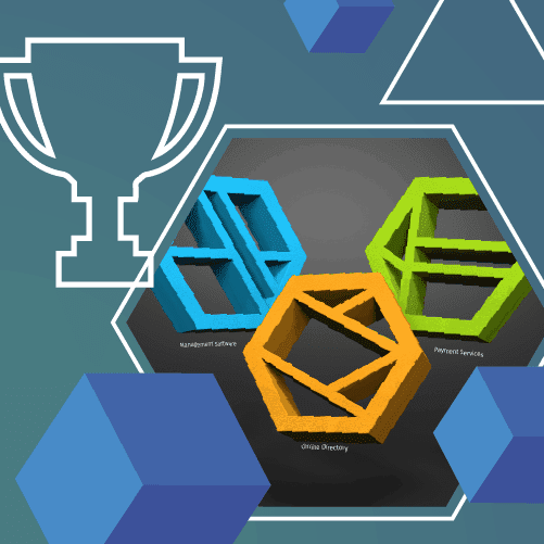 Geometric shapes in blue, orange, and green with labels: "Management Software," "Online Directory," and "Payment Services." A trophy outline and blue cubes decorate the background.