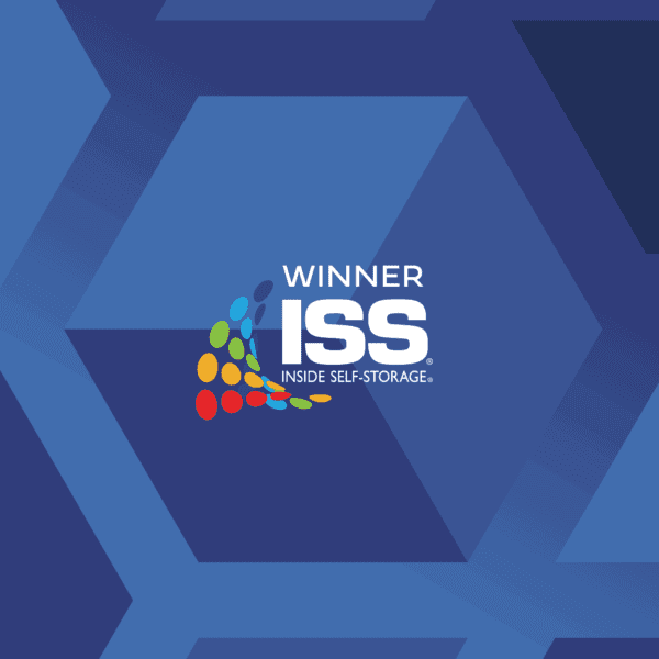 Logo with "Winner" and "ISS Inside Self-Storage" text on a blue hexagonal background, featuring a colorful dot pattern on the left.