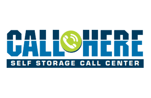 Logo for "Call Here Self Storage Call Center" with a green phone icon between the words "Call" and "Here.