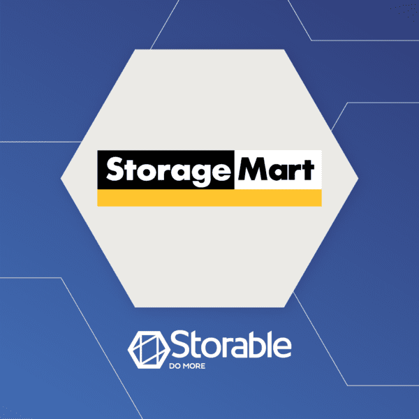 Hexagonal graphic with "StorageMart" logo on a white background. The "Storable" logo with "Do More" is below on a blue background with white line accents.