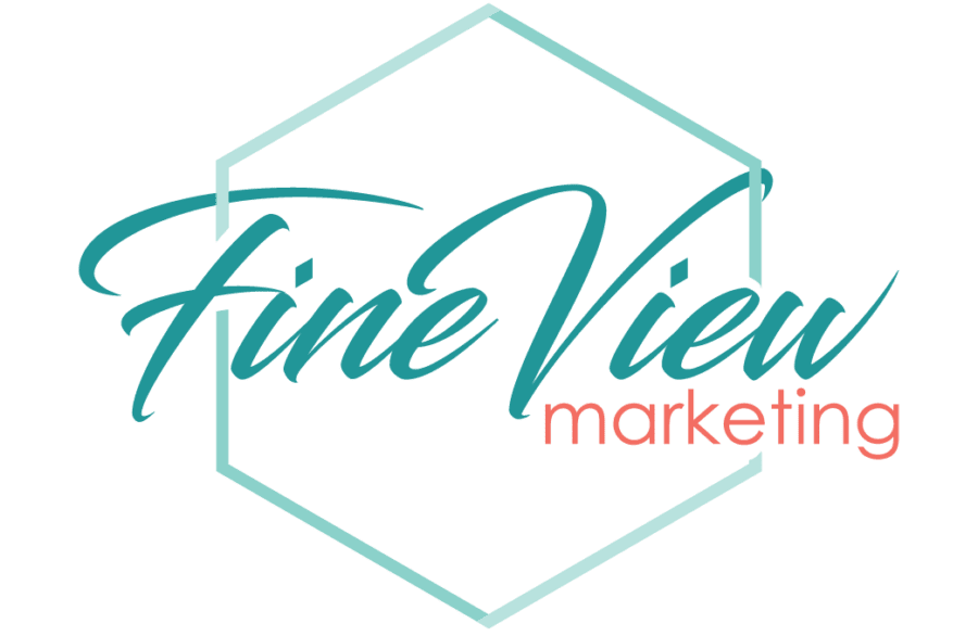 Fine View Marketing logo with "Fine View" in cursive teal and "marketing" in lowercase red, enclosed in a hexagonal teal outline.